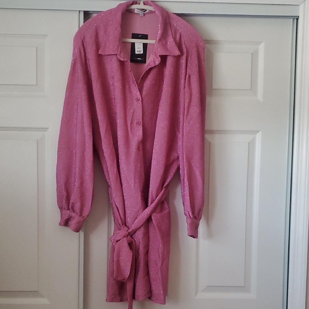 Pink Button-Up Shirt Dress with Belt